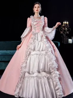 Pink Retro Tudor Dress Costumes For Women Side Draping Pleated Marie Antoinette Costume Dress Euro-Style Vintage Clothing