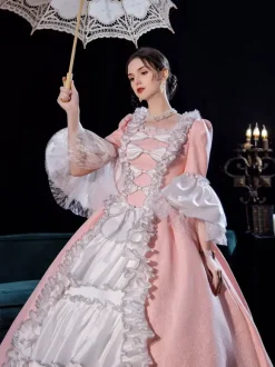 Pink Retro Tudor Dress Costumes For Women Side Draping Pleated Marie Antoinette Costume Dress Euro-Style Vintage Clothing