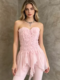 Pink Cami Top Strapless Pleated Ruffles Chic Ruffled Women Camis