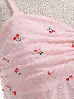 Pink Cherry Print Halter A Line Midi Dress For Women Sweet Summer