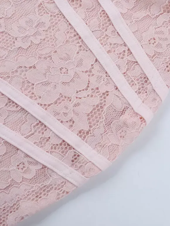 Pink Corset Style Lace Top For Women - Elegant Long Sleeve Sweetheart Bustier Blouse - Spring Night Out Clubwear 2026