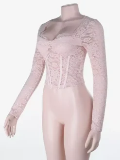 Pink Corset Style Lace Top For Women - Elegant Long Sleeve Sweetheart Bustier Blouse - Spring Night Out Clubwear 2026