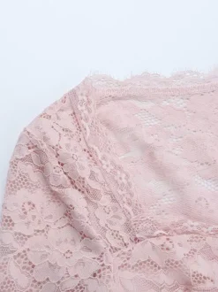 Pink Corset Style Lace Top For Women - Elegant Long Sleeve Sweetheart Bustier Blouse - Spring Night Out Clubwear 2026