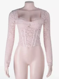 Pink Corset Style Lace Top For Women - Elegant Long Sleeve Sweetheart Bustier Blouse - Spring Night Out Clubwear 2026