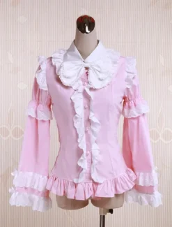 Pink Cotton Lolita Blouse Long Sleeves White Ruffles Trim Bow