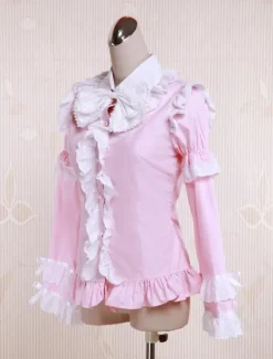 Pink Cotton Lolita Blouse Long Sleeves White Ruffles Trim Bow