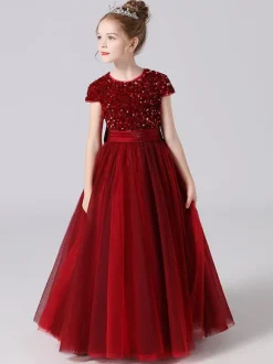 Pink Flower Girl Dresses Jewel Neck Tulle Short Sleeves Floor Length A Line Sash Kids Social Party Dresses