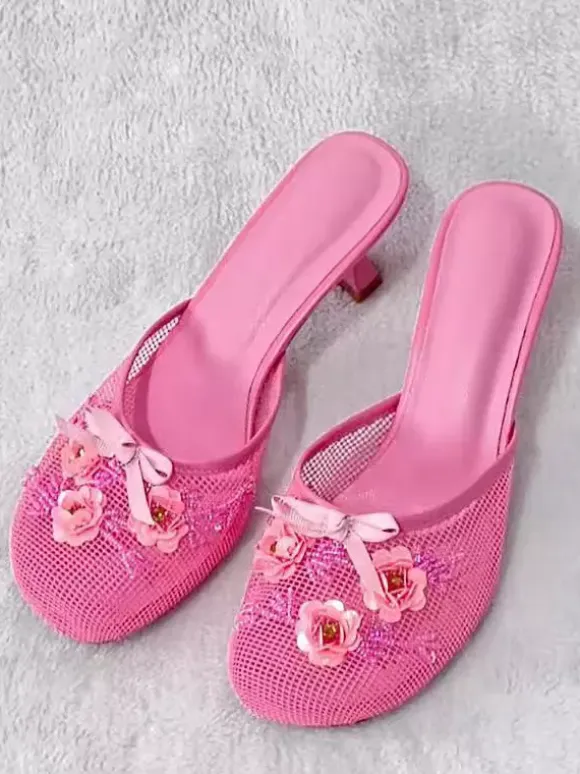 Pink High Heel Mules Mesh Round Toe Flowers Detail Bakcless Pumps