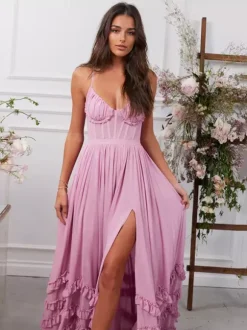 Pink Layered Ruffles Maxi Party Dress High Slit Strap Dress 2026