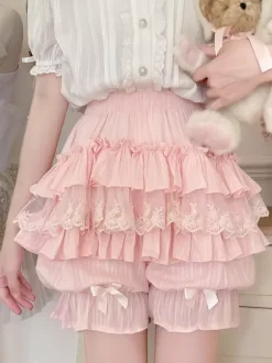 Pink Lolita Layered Ruffle Bloomers Pumpkin Shorts Lace Elastic Waist Lolita Pettipants