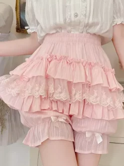 Pink Lolita Layered Ruffle Bloomers Pumpkin Shorts Lace Elastic Waist Lolita Pettipants