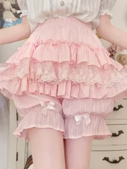 Pink Lolita Layered Ruffle Bloomers Pumpkin Shorts Lace Elastic Waist Lolita Pettipants