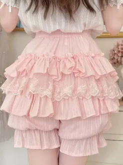 Pink Lolita Layered Ruffle Bloomers Pumpkin Shorts Lace Elastic Waist Lolita Pettipants