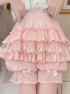 Pink Lolita Layered Ruffle Bloomers Pumpkin Shorts Lace Elastic Waist Lolita Pettipants