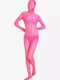 Pink Transparent Lace Velvet Zentai Suit