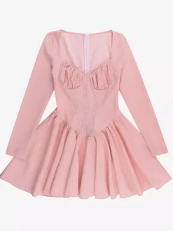 Pink A Line Corset Style Mini Dress For Women - Coquette Lace Patchwork Long Sleeve - Spring Birthday Party 2026