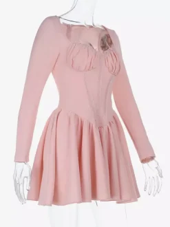 Pink A Line Corset Style Mini Dress For Women - Coquette Lace Patchwork Long Sleeve - Spring Birthday Party 2026