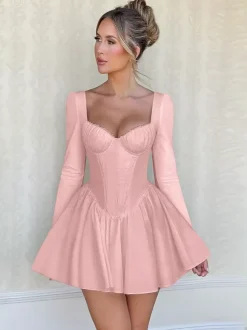 Pink A Line Corset Style Mini Dress For Women - Coquette Lace Patchwork Long Sleeve - Spring Birthday Party 2026
