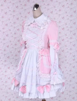 Pink And White Turndown Collar Front Tie Cotton Sweet Lolita Dress