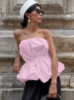 Pink Cami Top Strapless Pleated Sexy Backless Cotton Women Camis