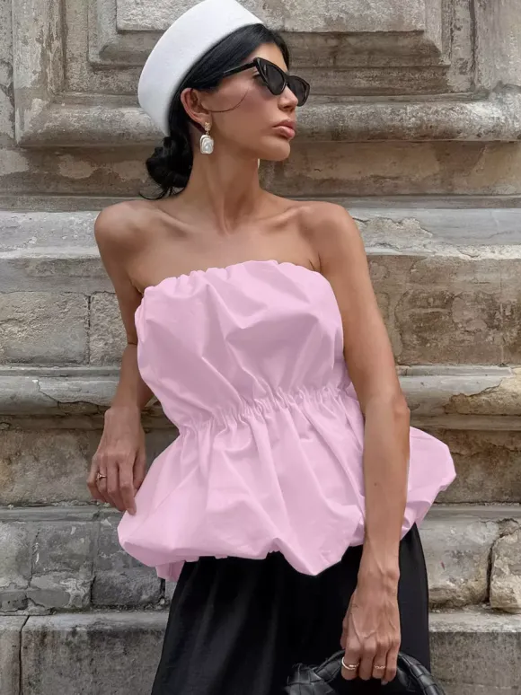 Pink Cami Top Strapless Pleated Sexy Backless Cotton Women Camis