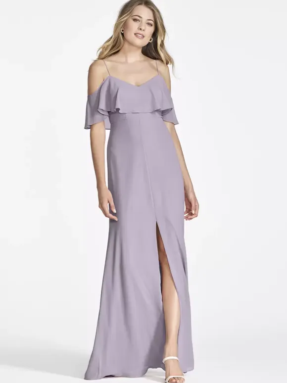 Pink Chiffon Bridesmaid Dress Cold Shoulder Ruffled Split A-Line Maxi Gowns