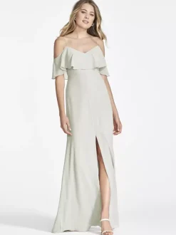 Pink Chiffon Bridesmaid Dress Cold Shoulder Ruffled Split A-Line Maxi Gowns
