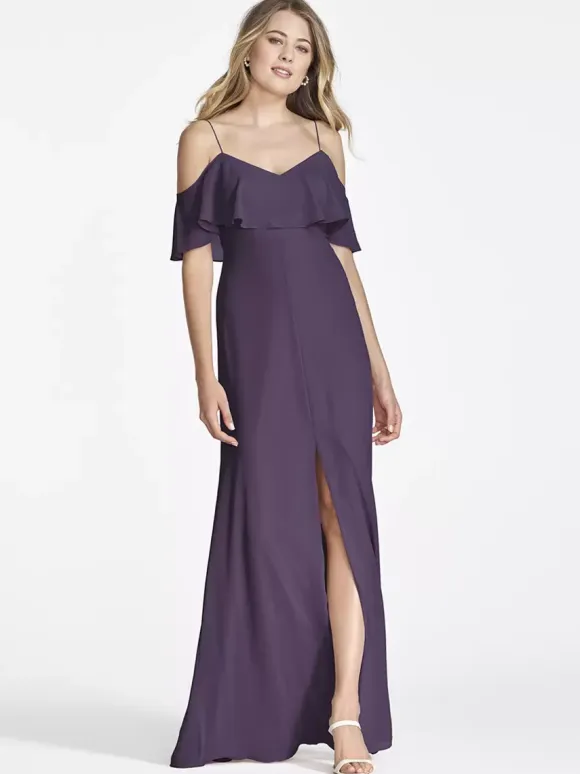 Pink Chiffon Bridesmaid Dress Cold Shoulder Ruffled Split A-Line Maxi Gowns