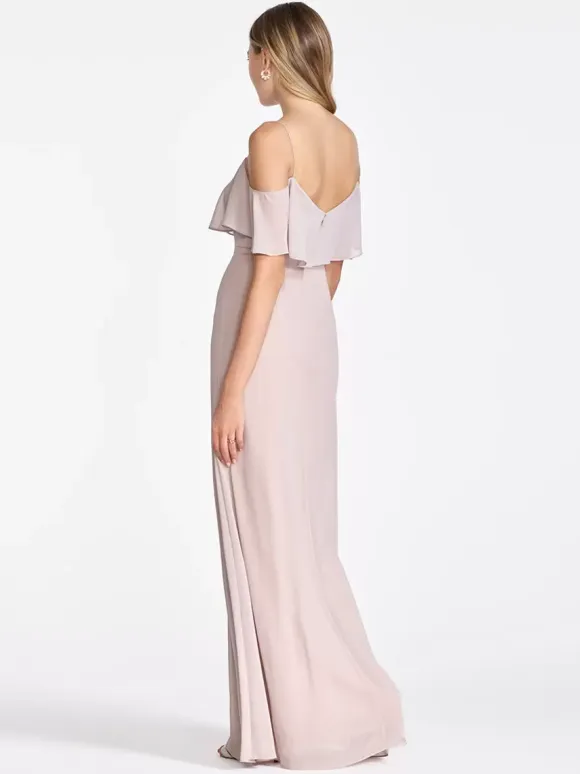 Pink Chiffon Bridesmaid Dress Cold Shoulder Ruffled Split A-Line Maxi Gowns