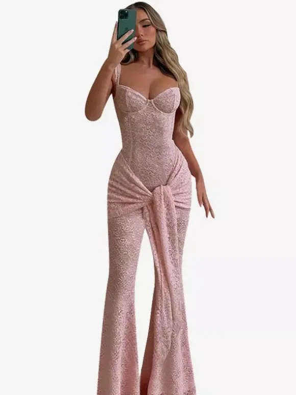 Pink Fairycore Lace Jumpsuit For Women - Tie Front Flare Leg Romper - Summer Romantic Date Night Party Wear 2026