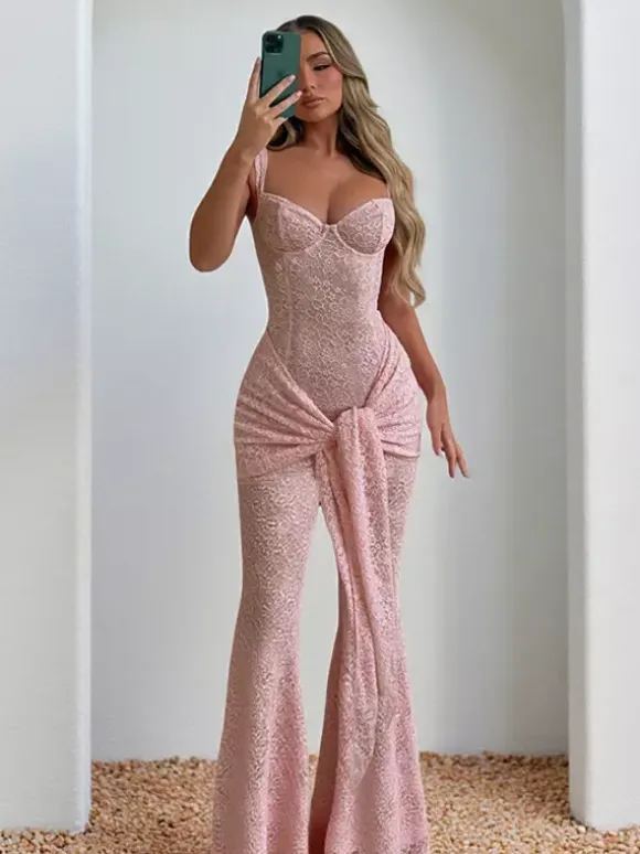 Pink Fairycore Lace Jumpsuit For Women - Tie Front Flare Leg Romper - Summer Romantic Date Night Party Wear 2026