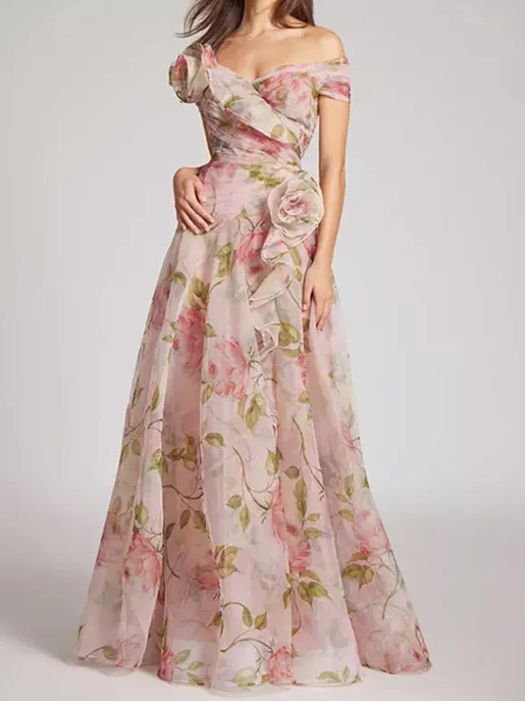 Pink Floral Off Shoulder Maxi Gown For Women Elegant Evening Style
