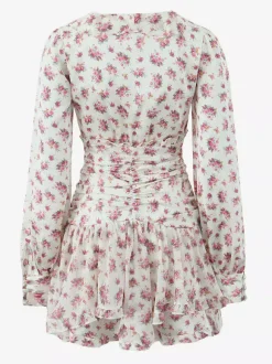 Pink Floral Print V-Neck Long Sleeve Mini Dress For Summer 2026