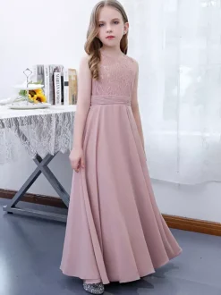 Pink Flower Girl Dress Chiffon Lace Jewel Neck Sleeveless Lotus Kids Birthday Party Dresses