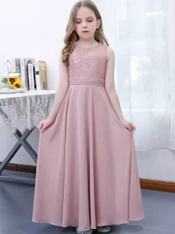 Pink Flower Girl Dress Chiffon Lace Jewel Neck Sleeveless Lotus Kids Birthday Party Dresses