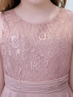 Pink Flower Girl Dress Chiffon Lace Jewel Neck Sleeveless Lotus Kids Birthday Party Dresses