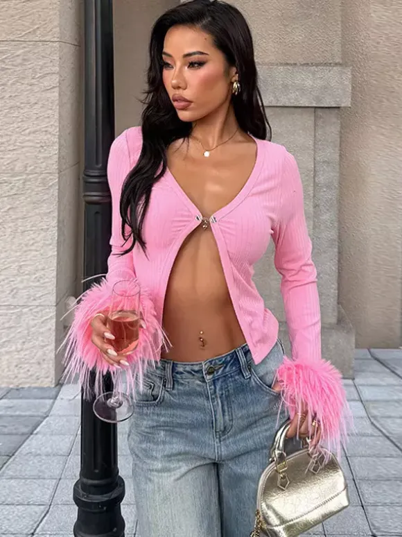 Pink Fur Cuff Women's Crop Cardigan - Y2K Ribbed Long Sleeve V-Neck Top - Sexy Clubwear Night Out Party Shrug 2026