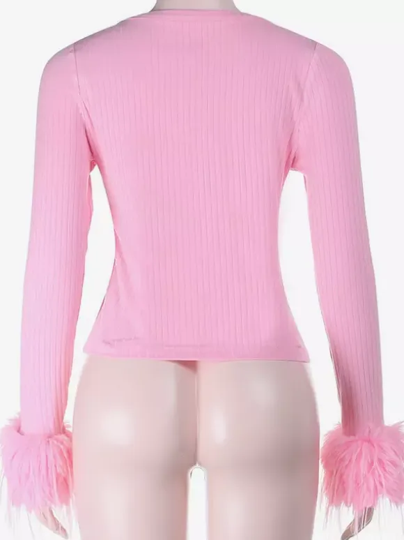 Pink Fur Cuff Women's Crop Cardigan - Y2K Ribbed Long Sleeve V-Neck Top - Sexy Clubwear Night Out Party Shrug 2026