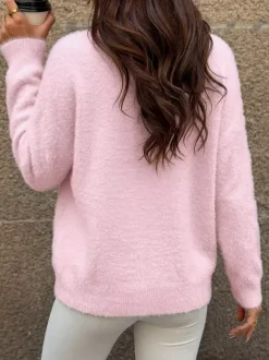 Pink Fuzzy Off Shoulder Sweater Long Sleeve Oversized Soft Fluffy Mink Knit Casual Pullover