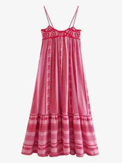 Pink Geometric Print Cami Maxi Dress for Women - Boho Tiered Spaghetti Strap with Tassel - Summer Beach Resort 2026