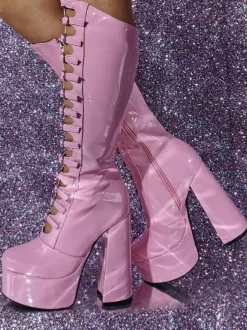 Pink Knee High Boots Patent PU Upper Platform Chunky Heel Buckle Detail Sexy Boots