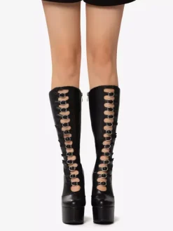 Pink Knee High Boots Patent PU Upper Platform Chunky Heel Buckle Detail Sexy Boots