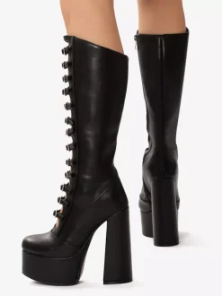 Pink Knee High Boots Patent PU Upper Platform Chunky Heel Buckle Detail Sexy Boots