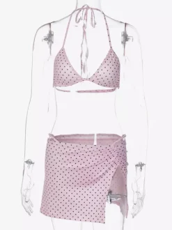 Pink Polka Dot 3 Piece Swimsuit Set For Women - Triangle Micro Bikini With Side Slit Skirt Cover Up - Summer Beach 2026