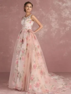 Pink Prom Dress 2026 Long Floral Print Organza Pageant Dress Backless Chapel Train Party Dress Free Customization