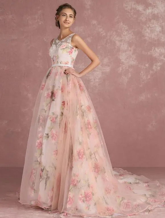 Pink Prom Dress 2026 Long Floral Print Organza Pageant Dress Backless Chapel Train Party Dress Free Customization