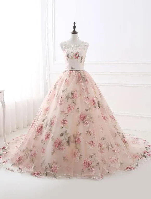 Pink Prom Dress 2026 Long Floral Print Organza Pageant Dress Backless Chapel Train Party Dress Free Customization