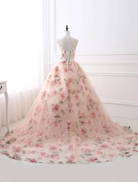 Pink Prom Dress 2026 Long Floral Print Organza Pageant Dress Backless Chapel Train Party Dress Free Customization