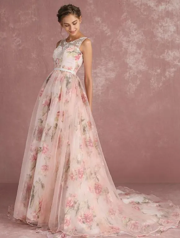 Pink Prom Dress 2026 Long Floral Print Organza Pageant Dress Backless Chapel Train Party Dress Free Customization