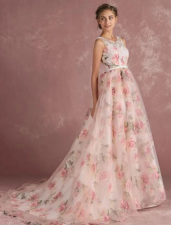 Pink Prom Dress 2026 Long Floral Print Organza Pageant Dress Backless Chapel Train Party Dress Free Customization